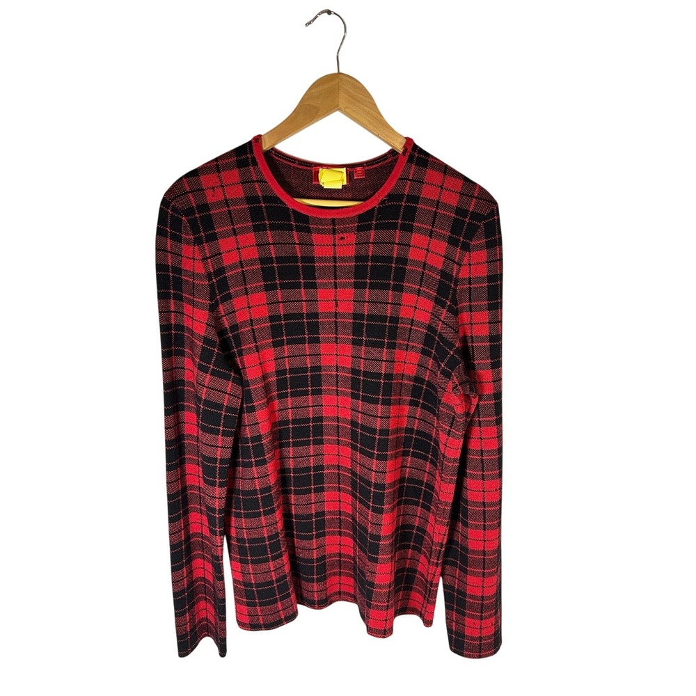 HUGO BOSS Men Red Black Plaid Extrafine Merino Wool‎ Long Sleeve Sweater L